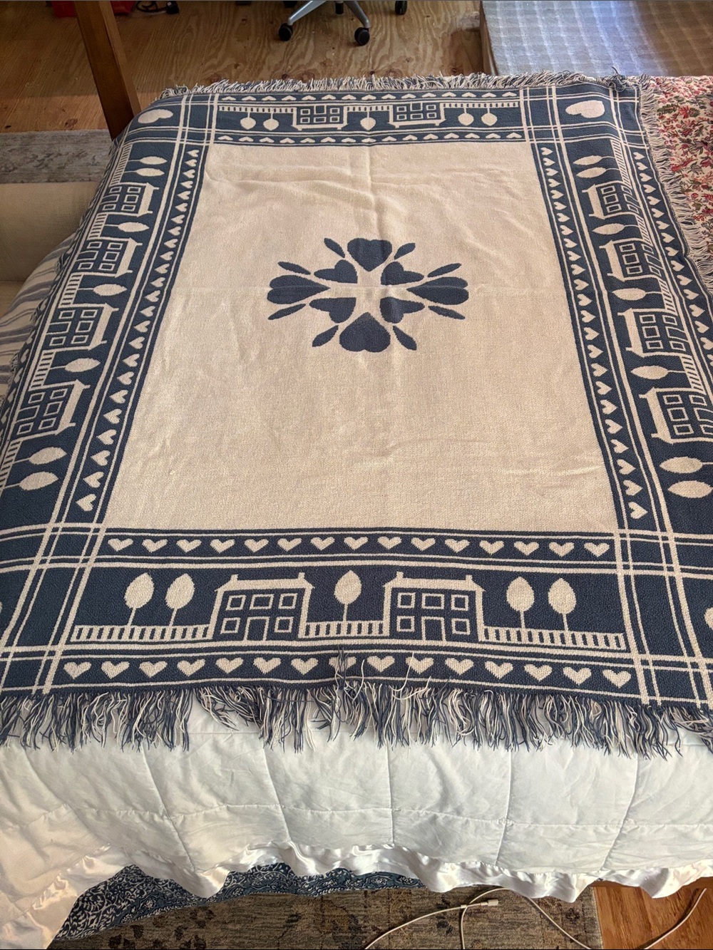 Classic Blue and Cream Woven Throw Blanket - Cozy Home Bedding 💯 cotton